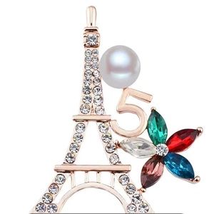 Eiffel Tower multicolored Brooch with faux pearl and number 5